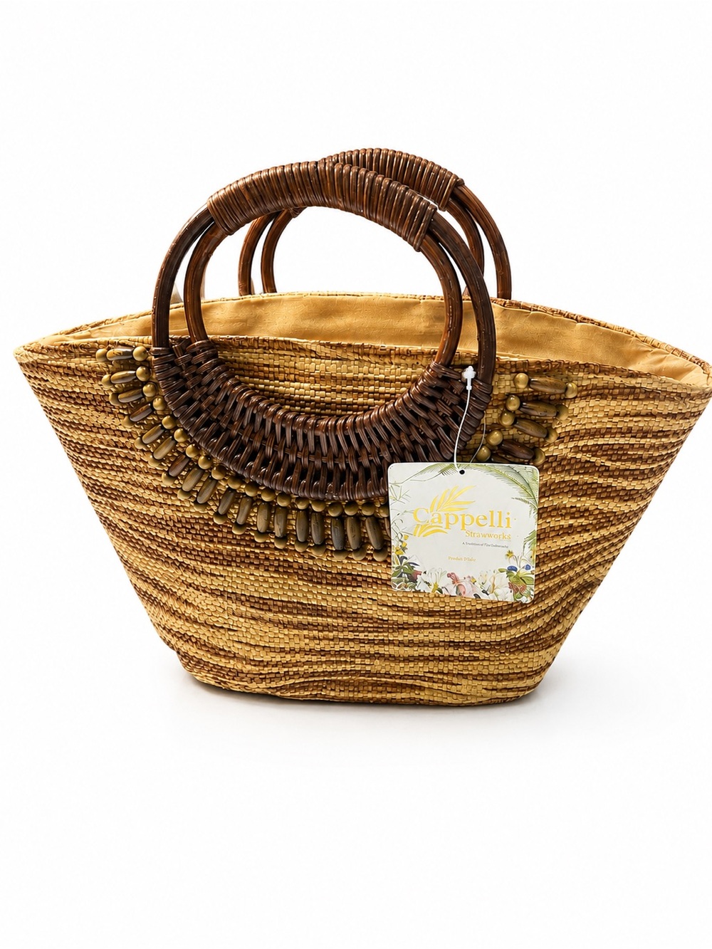 Tan Woven Straw Bag with Wooden Handles